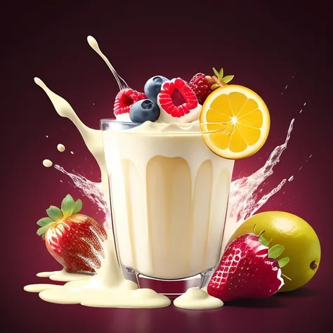 mix fruit and berries, fruits splash milk ,dark simple background, <lora:splashes_v.1.1:0.8>