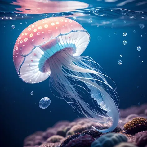 poster,a few jellyfish,no humans,water splashing,food focus,depth of field,blurry,(simple background), masterpiece,best quality, SGST <lora:æ°´æçµåæå½±_v1.0:0.4>