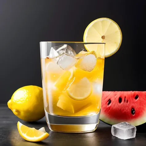 an ice cube with a slice of watermelon in it,lemonade,one ice cube,ice,defence,lemon,cold drinks,whiskey glass with ice cubes,ice cubes,with lemon skin texture,melting 4d cubes,vodka,cherry,cubes of ice around,protection,clean image,ice sculpture,wearing a lemon,molecular gastronomy,