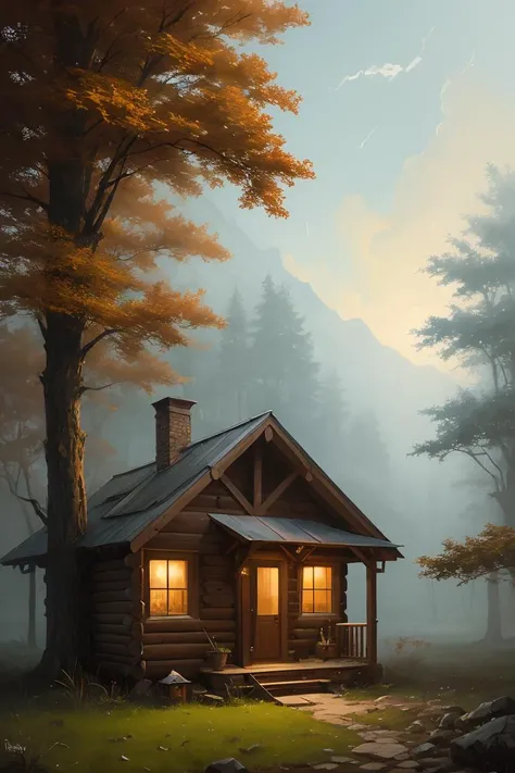 fantasy painting by greg rutkowski, a Cabin in Temperate area
