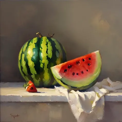 OIL PAINTING,IMPRESSIONISM,  watermelonon canvas by irina yrmolova,<lora:bichu-v0612 :0.6> BICHU, <lora:still_life_v3:0.5>