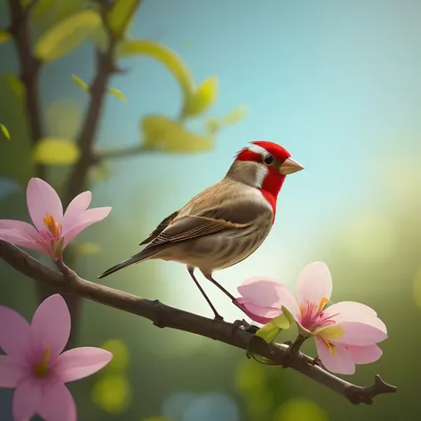 a tiny finch on a branch with (spring flowers on background:1.0), aesthetically inspired by Evelyn De Morgan, art by Bill Sienkiewicz and Dr. Seuss, ray tracing, volumetric lighting, octane render.