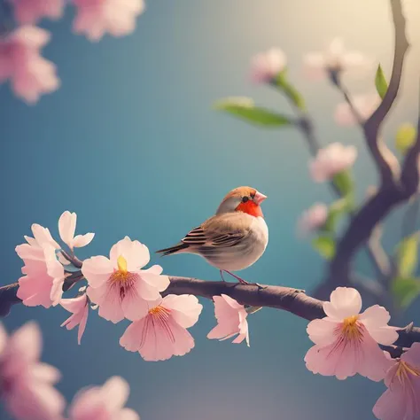 a tiny finch on a branch with (spring flowers on background:1.0), aesthetically inspired by Evelyn De Morgan, art by Bill Sienkiewicz and Dr. Seuss, ray tracing, volumetric lighting, octane render.