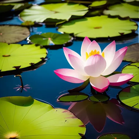 (8k, best quality, highres:1.2),Colorful lotus flower floating in water with floral around on simple background,hd,50mm photograph,sharp,sharpened,hd,