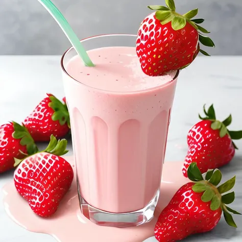 (more strawberry:1.4),Splashing liquid,falling fruit,A photo of a strawberry milk mixture presents a visual beauty and appeal. Bright colors,mixed with elements of strawberry and milk. The center of the drink is pale pink strawberry juice mixed with some fresh strawberry pulp,while the surrounding is white milk foam,