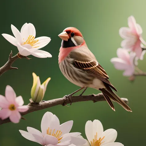 a tiny finch on a branch with (spring flowers on background:1.0), aesthetically inspired by Evelyn De Morgan, art by Bill Sienkiewicz and Dr. Seuss, ray tracing, volumetric lighting, octane render.