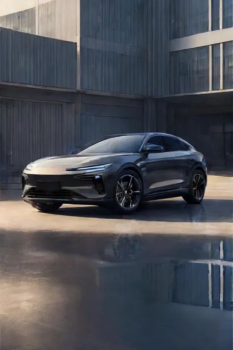 1 electric vehicles,(RAW photo, best quality),Paint Reflective, (realistic, photo-realistic:1.3), vivid colors,(reflection),(Best Quality), (detailed), <lora:China EV:0.8>,Architectural Museum background,car magazine,car photography