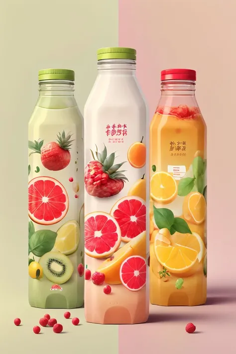 package design, juice bottle, plastic bottle, bottle, simple background,, fruit print, <lora:pack_design:0.8>