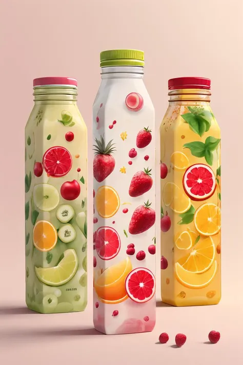 package design, juice bottle, plastic bottle, bottle, simple background,, fruit print,  <lora:pack_design:0.8>