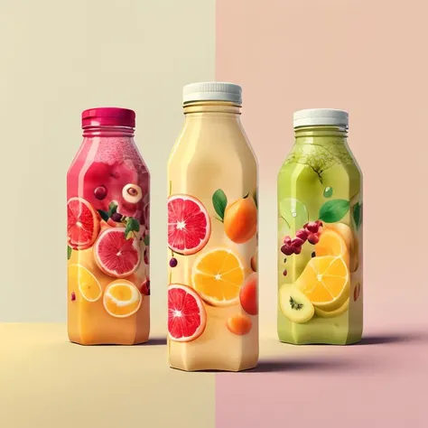 package design, juice bottle, plastic bottle, bottle, simple background,, fruit print,  <lora:pack_design:0.8>