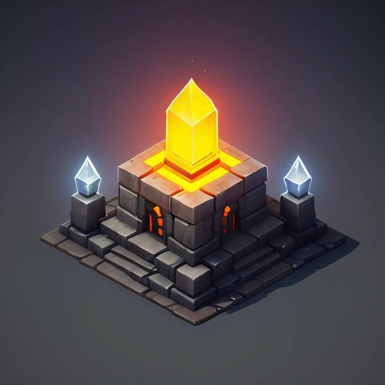 <lora:Isometric_Setting:0.7> cavern, glowing crystal obelisks, large colorful mushrooms, angled view from top, high detail, isometric video game scene, dark grey stone floor, rocky floor, dark fantasy, cubic. Isometric_Setting, absurdres