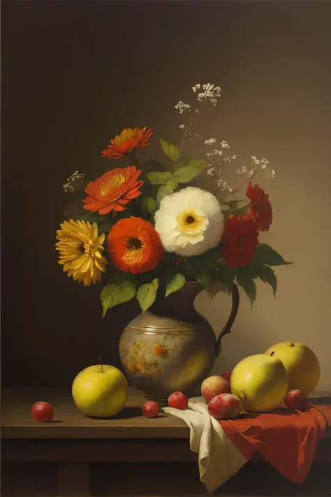 OIL PAINTING,IMPRESSIONISM,(masterpiece, best quality, ultra-detailed, best shadow),(detailed background),old,realistic ,(Rembrandt light), no humans,(still_life:1.1), fruit ,flowers<lora:still_life_v3:0.8>