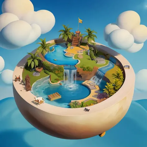((masterpiece,best quality)), absurdres <lora:Isometric_Setting:0.7>, paradise, floating island, waterfall, clouds and sky in the background, <lora:microverse_creator:0.8>