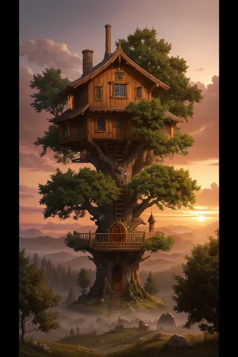 valley, fairytale treehouse village covered, , matte painting, highly detailed, dynamic lighting, cinematic, realism, realistic, photo real, sunset, detailed, high contrast, denoised, centered, michael whelan, <lora:microverse_creator:0.6>