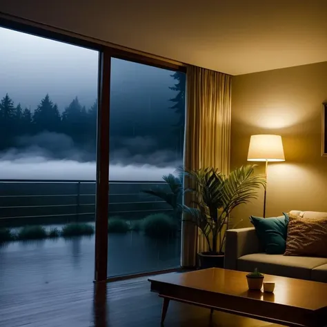 midcentury modern living room dimly lit with dark rainy evening outside, (foggy rainy evening:1.2), pacific northwest, (dim lighting:1.4), (moody lighting:1.2), plants, large plants, rainy, monstera, many plants, (foggy windows:1.2), masterpiece, best quality, twilight hour, (nighttime:1.4), rainy evening, after sunset,