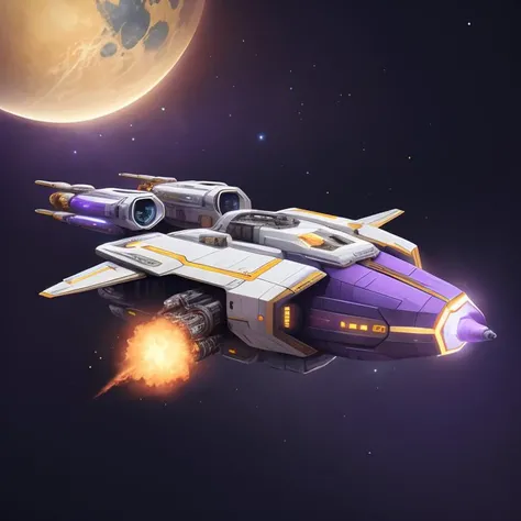big purple spaceship,barren planets background,cannons ,<lora:CuteSpaceships:0.8>,