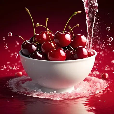 three cherries splashing into a bowl of water, cherry explosion, cherries, cherry, there is one cherry, 4 k hd wallpapear, gems and diamond for fruit, cherry trees, carnal ) wet, cherry blosom trees, water particules, splashes of liquid, red background photorealistic, beautiful art uhd 4 k, realistic water splashes