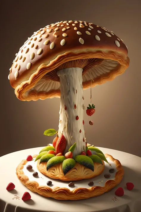 huge mushroom made out of pastry, fruits, in mystical forres <lora:ral-pastry-sd15:0.8>
