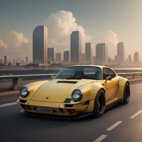 cyberpunk ,epic digital painting, mango yellow 1974 porsche, (symmetrical design), three-quarter view from behind, cinematic lighting, bloom, sun, clouds, city panorama, light style, day, highway, 8k unity wallpaper, realistic, extremely detailed, intricate, best quality, masterpiece, detailed background at night city, <lora:zeekars:0.7>