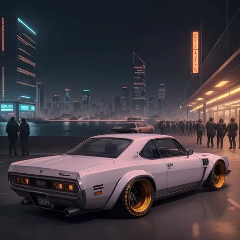 cyberpunk (((retro zeekars))) (with glowing rims), wide tires, at the parking lot, at night city, <lora:zeekars:0.7>