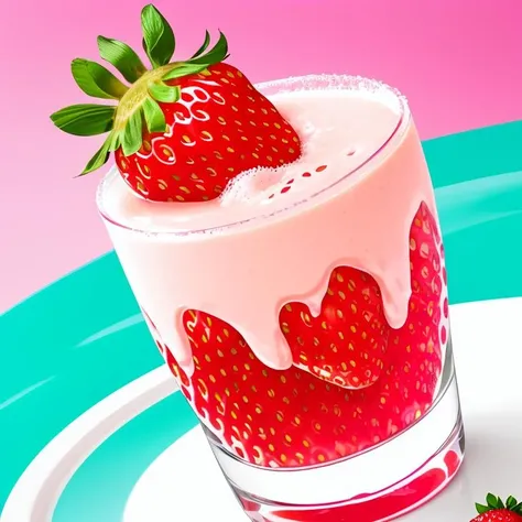 (more strawberry:1.4),Splashing liquid,falling fruit,A photo of a strawberry milk mixture presents a visual beauty and appeal. Bright colors,mixed with elements of strawberry and milk. The center of the drink is pale pink strawberry juice mixed with some fresh strawberry pulp,while the surrounding is white milk foam,