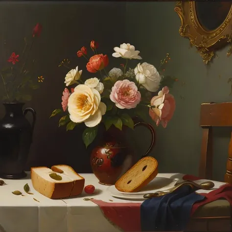 a painting of a still life, by EBLght, flower, bread, oil painting <lora:EB_Leighton_resize:0.8>
