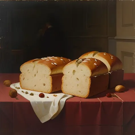 a painting of a still life, by EBLght, flower, bread, oil painting <lora:EB_Leighton_resize:0.8>