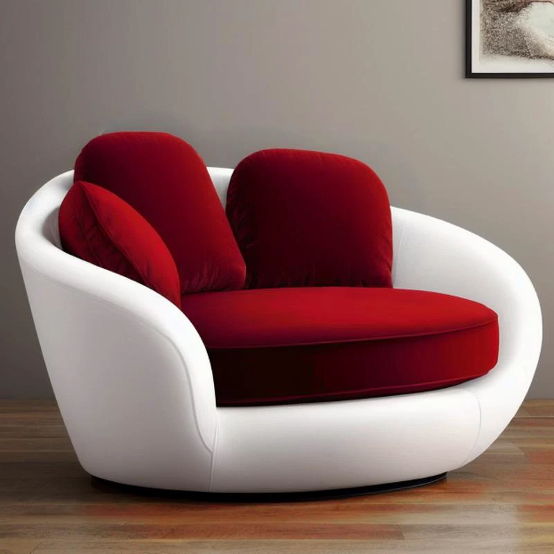 product design, sofa with curved lines, velvet white fabric, warm red wood, inviting and comfortable seating with soft rounded shapes,