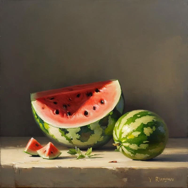 OIL PAINTING,IMPRESSIONISM, watermelonon canvas by irina yrmolova,<lora:bichu-v0612 :0.6> BICHU, <lora:still_life_v3:0.5>