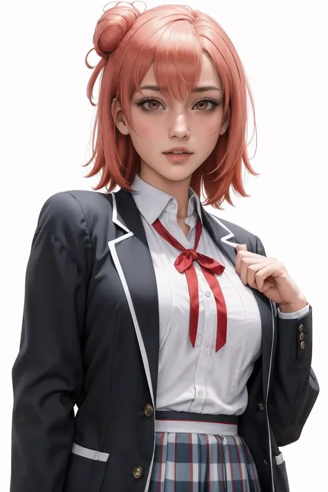 1girl,highres,realism,yui yuigahama,short hair,single hair bun,school uniform,black jacket,open jacket,ribbon,collared shirt,plaid skirt,<lora:JohOyun-000007:0.4>,<lora:opeLoRA-v10.95:0.7>,white background,eyelashes,tsurime,<lora:kittew-artist-richy-v1:0.7>,<lora:yui_yuigahama_v2:0.9>, large eyes