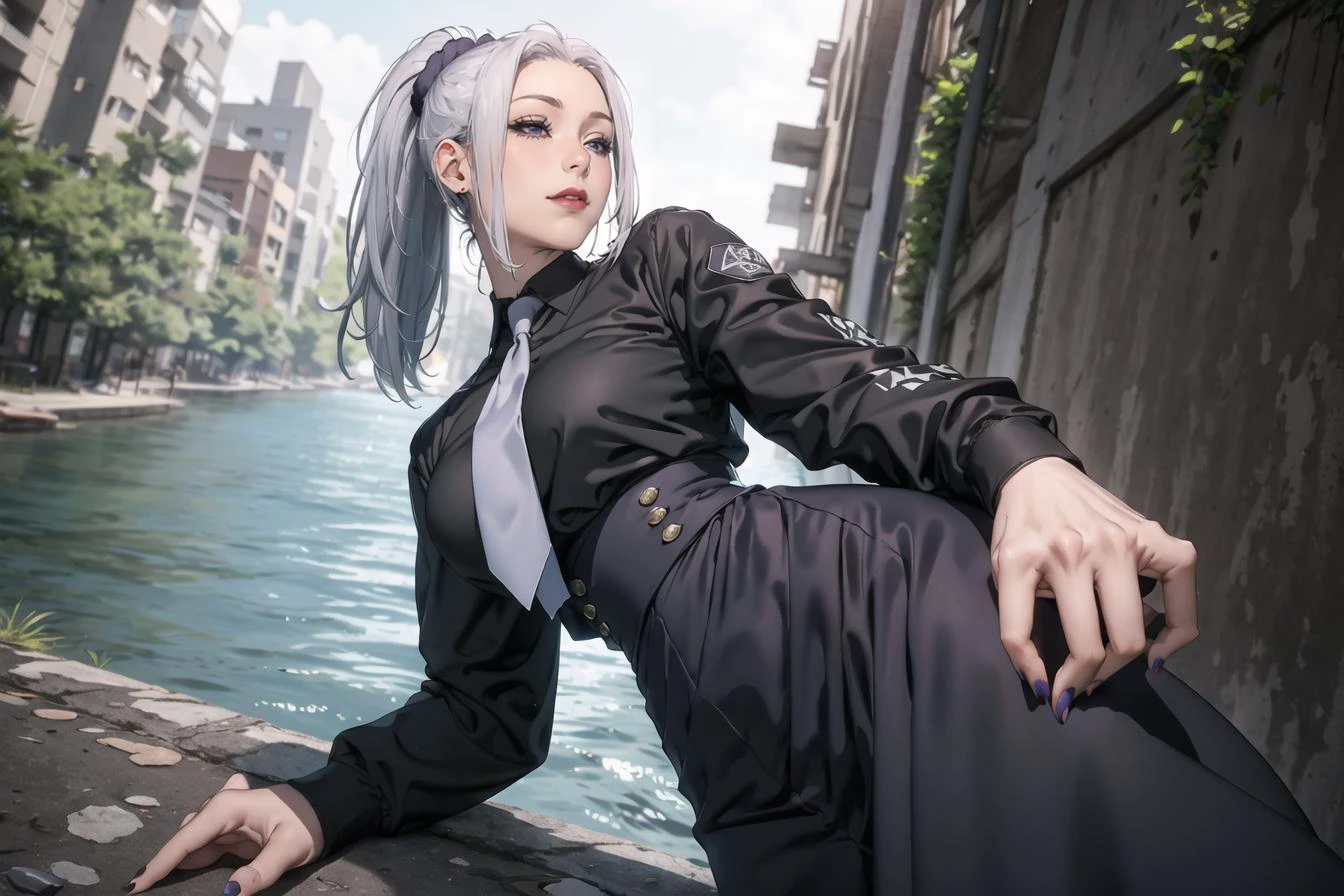 highres, purple eyes, mei mei (jujutsu kaisen), 1girl, solo, grey necktie, (long skirt:1.2), sidelocks, dark purple skirt, high-waist skirt, black shirt, ponytail, white hair, nail polish, boots, long sleeves, hair scrunchie, <lyco:meimeiv3:.8>, half-closed eyes,, outdoors, from below, (POV:1.3), fisheye lens, lying