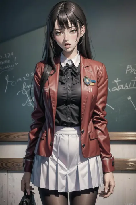 (masterpiece:1.3), (best quality:1.3), cowboy shot, woman, school uniform, red jacket, black pantyhose, white shirt, black ribbon, blush, open mouth, pleated skirt