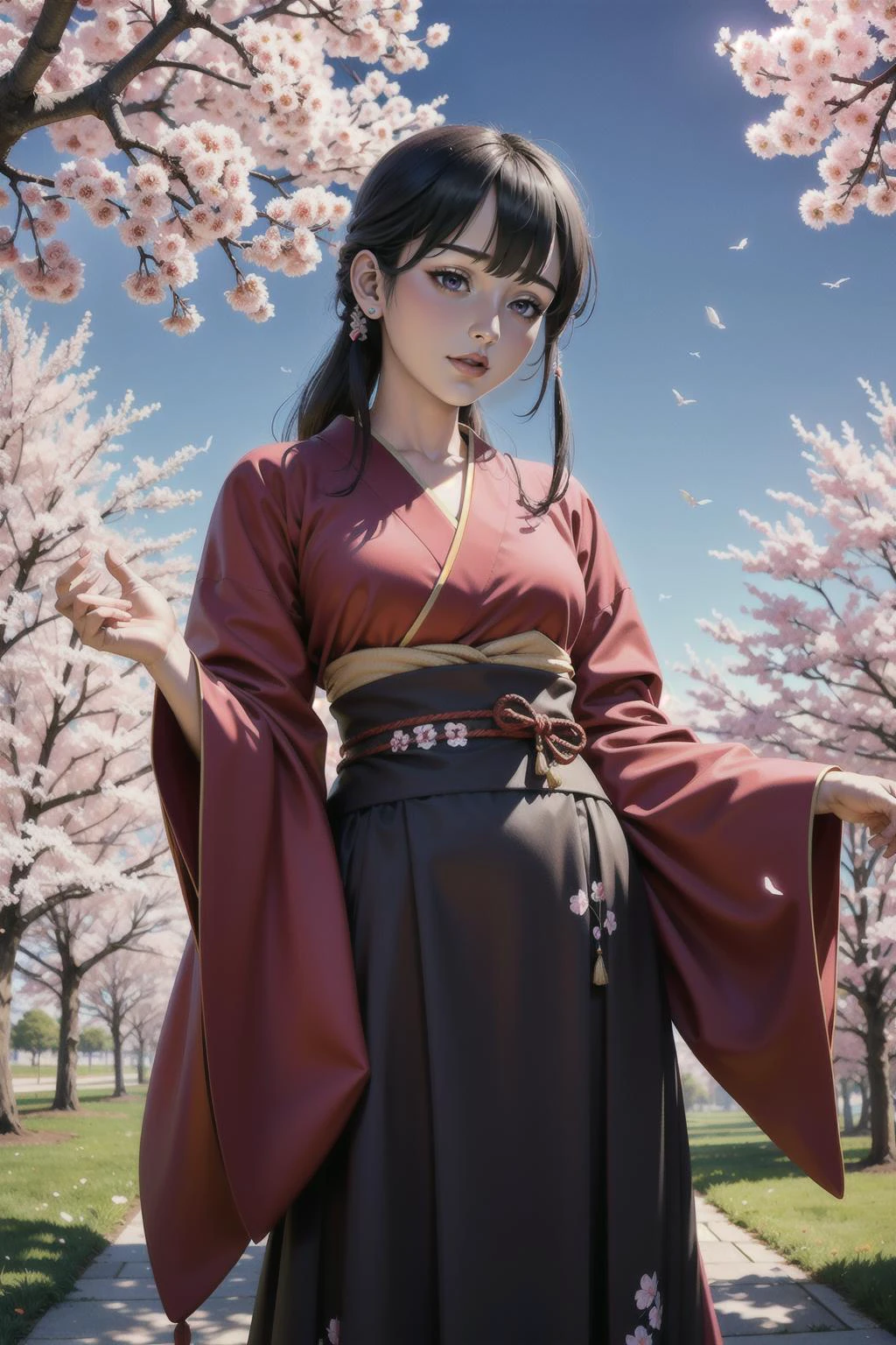 (highres, maximum quality:1.3),(masterpiece:1.3), (best quality:1.3), from below, POV, japanese clothes, purple eyes, cherry blossoms in foreground,