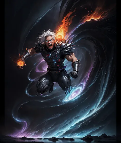 (masterpiece, best quality:1.4),(absurdres, highres, ultra detailed:1.2), (1 handsome man made of  cracked  Lava , angry open mouth:1.4),(raging man using dark magic fire:1.4),fire, magma, lava, smokes, myst, steams,  explosion of power, devasting shockwave, floating man, spread arms, fireball, kamehameha, firing haircut, flames magic,playful illustrations, fractal art,comics book art style, imaginative overlays, artistic fusion,fantastical scenes, evocative narratives, striking visuals, full body, Lavastyle,  dslr, ultra quality, sharp focus, tack sharp, dof, film grain, Fujifilm XT3, crystal clear, 8K UHD, highly detailed piercing  fire eyes, high detailed skin, style-swirlmagic,  <lora:LowRA:0.25> <lora:NijiExpressV2:0.4> ,<lora:r1ge - AnimeRage:1.5>, <lora:add_detail:1> ,<lora:more_details:0.4>,