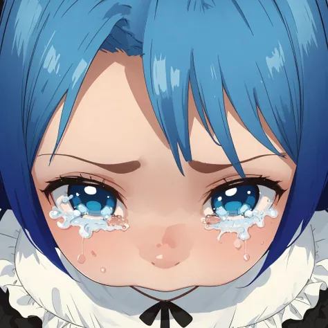 chibi girl,close up,from above,blue hair,sadly face,realistic tears <lora:sadly face-lbw:1>