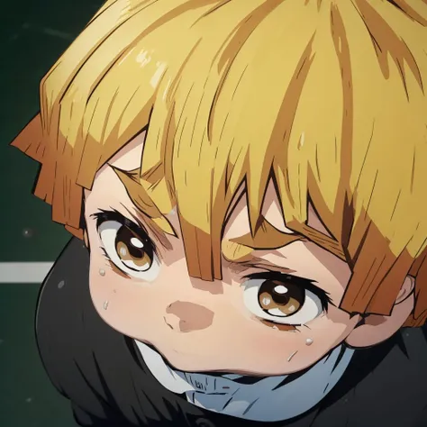 agatsuma zenitsu, <lora:Character_agatsuma_zenitsu:0.8> chibi boy,close up,from above,,sadly face, <lora:sadly face-lbw:1.1>