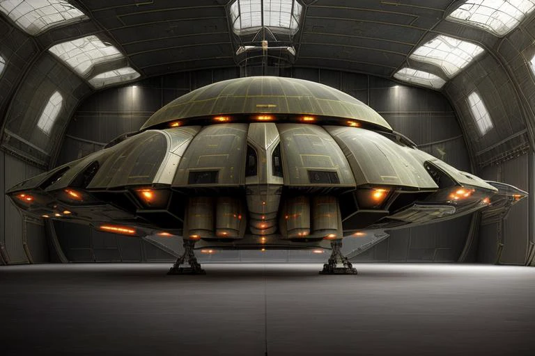 photograph, epic lighting, post processing effects, metallic symmetric spaceship ufo, ( military hangar:1.4), <lyco:UFOMaker:0.2>