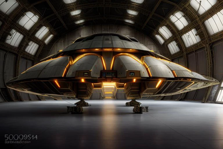 photograph, epic lighting, post processing effects, metallic symmetric spaceship ufo, ( military hangar:1.4), <lyco:UFOMaker:0.2>
