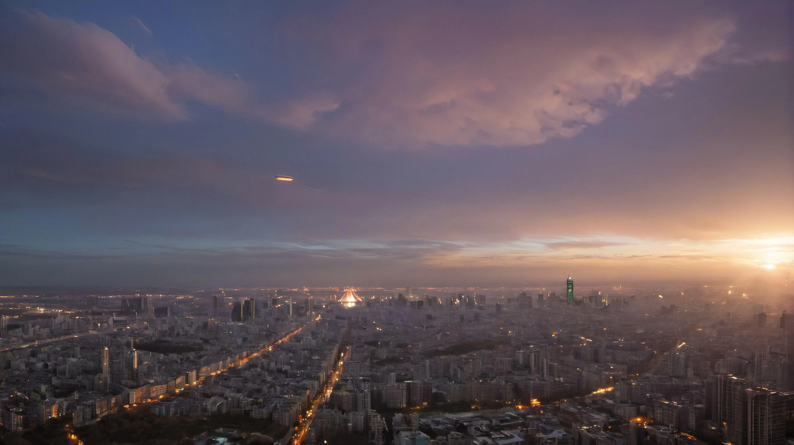 RAW photo, high quality drone photo of a huge cityscape, vast city like Tokyo, sunset, sun shafts, sun rays, volumetric lighting, red orange blue sky, city landscape, skyscraper window lights, city covered valleys, a sci-fi cyberpunk neon city with super high rise buildings, glass curtain walls, sunset view of cityscape, glowing neon lights, city blocks, lakes, reflections in water, harbour, forest, road networks, city streets, city skyline silhouette against twilight sunrise at horizon, parks,
<lora:volumetric lighting:0.7>,
<lora:Coruscant:0.4> Coruscant,
<lora:UFOMaker_XL:0.8> ufomaker, flying saucer, (a ufo flying over the city:1.4)