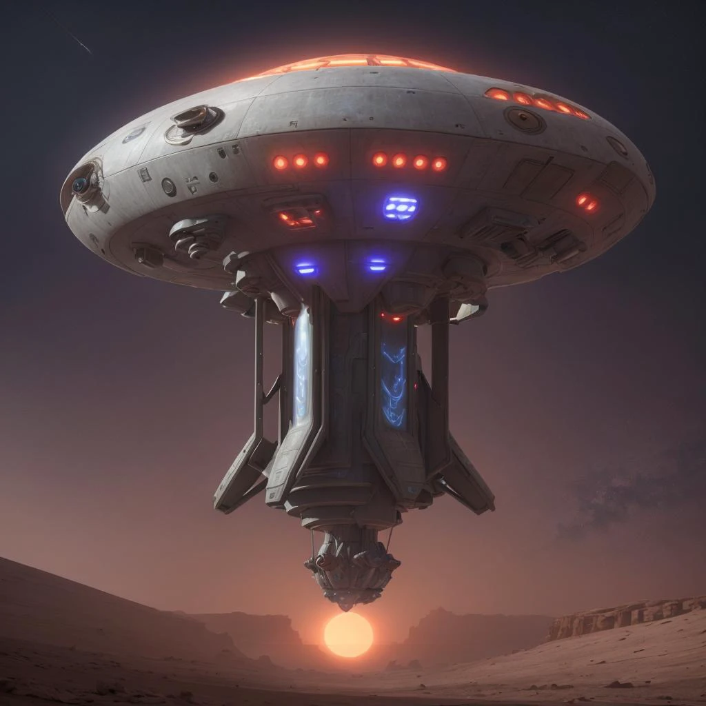 raw, spaceship:ufo <lyco:UFOMaker:0.35> , flying, plasma engines, desert mars, sunrise, cinematic