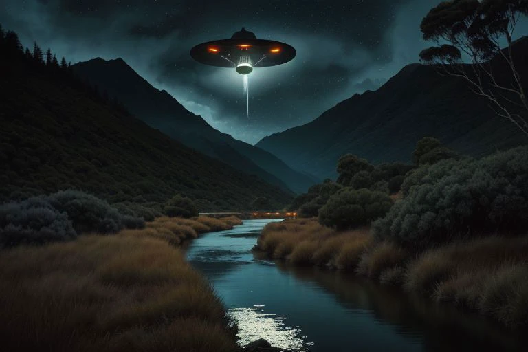 Album cover concept art inspired by the 1940s featuring a UFO hovering above a remote waterway in New Zealand under the moonlight. The scene is set in the wilderness with a mysterious and captivating atmosphere. Detailed realistic depiction with cinematic lighting and a retro aesthetic by artists reminiscent of Fallout and Assassins Creed. Resolution at 4k