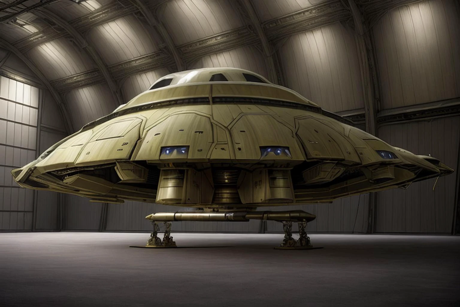 photograph, epic lighting, post processing effects, metallic symmetric spaceship ufo, ( military hangar:1.4), <lyco:UFOMaker:0.2>