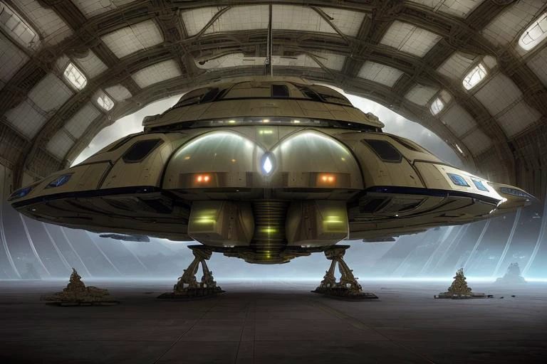 photograph, epic lighting, post processing effects, metallic symmetric spaceship ufo, ( military hangar:1.4), <lyco:UFOMaker:0.2>