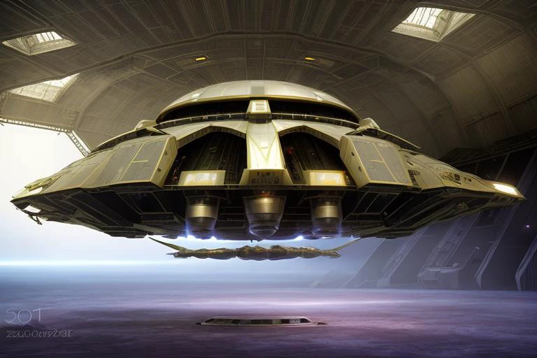 photograph, epic lighting, post processing effects, metallic symmetric spaceship ufo, ( military hangar:1.4), <lyco:UFOMaker:0.2>