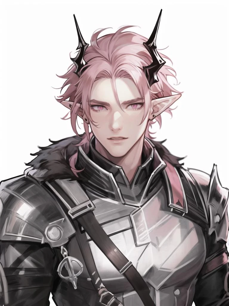 best quality,masterpiece,highres, 1boy, aak \(arknights\), horns, male focus, solo, pointy ears, <lyco:theresis-000005:1.0>, pink eyes,