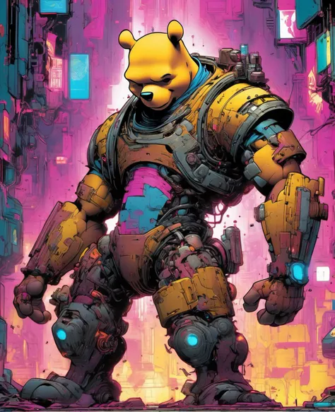 Masterpiece, full body shot, colorful illustration of a (Cyberpunk [Cyborg|Winnie the pooh] ),((cyberwear)), (flashy cyberpunk armor),dynamic angle, [Bold|Bright] colors, 90s cyberpunk artwork, dynamic composition  <lora:cyberpunk_xl_v1:0.6> Winnie the pooh