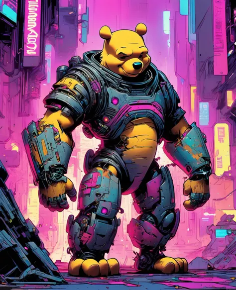 Masterpiece, full body shot, colorful illustration of a (Cyberpunk [Cyborg|Winnie the pooh] ),((cyberwear)), (flashy cyberpunk armor),dynamic angle, [Bold|Bright] colors, 90s cyberpunk artwork, dynamic composition  <lora:cyberpunk_xl_v1:0.6> Winnie the pooh