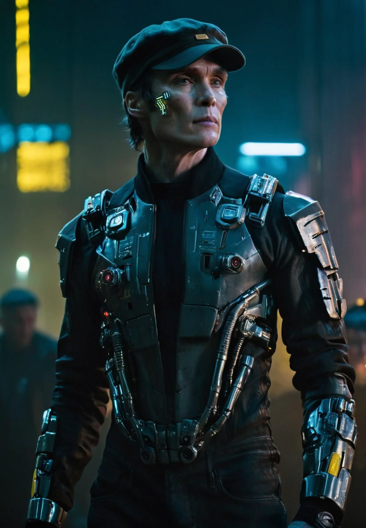 Cillian Murphy(Cyberpunk 2077:1.3)dark gritty dystopian feel, photo of Cillian Murphy wearing a driver cap, cyborg mecha (circuits face gear:1.2), backlighting, night time lights, cyberpunk reimagined, high quality, portrait, wearing a cyberpunk outfit, mecha bodysuit, mecha boots <lora:cillian_murphy_sdxl_1_0__v8:0.7> <lora:cyberpunk_xl_v1:1>