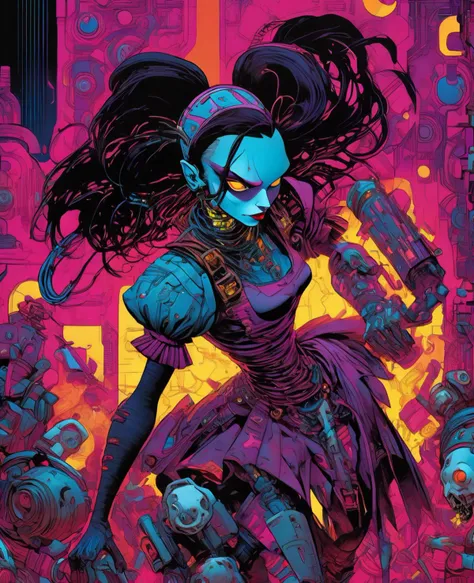 Masterpiece, full body shot, colorful illustration of a (Cyberpunk [Cyborg|Alice in Wonderland] ),((cyberwear)), (flashy cyberpunk armor),dynamic angle, [Bold|Bright] colors, 90s cyberpunk artwork, dynamic composition  <lora:cyberpunk_xl_v1:0.6>   American McGee's Alice