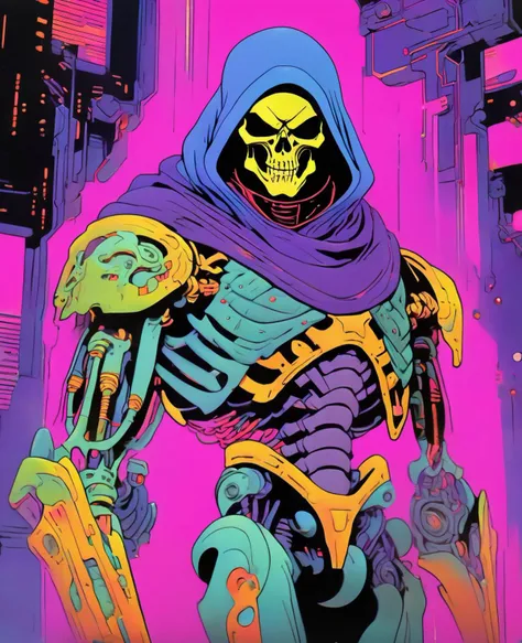 Masterpiece, full body shot, colorful illustration of a (Cyberpunk [Cyborg|Skeletor] ),((cyberwear)), (flashy cyberpunk armor),dynamic angle, [Bold|Bright] colors, 90s cyberpunk artwork, dynamic composition  <lora:cyberpunk_xl_v1:0.6> Skeletor